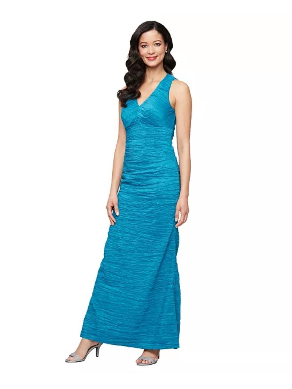 Alex Evenings Petite NWT $189 Blue Crinkled Ruched V Neck Formal Maxi Gown 6P